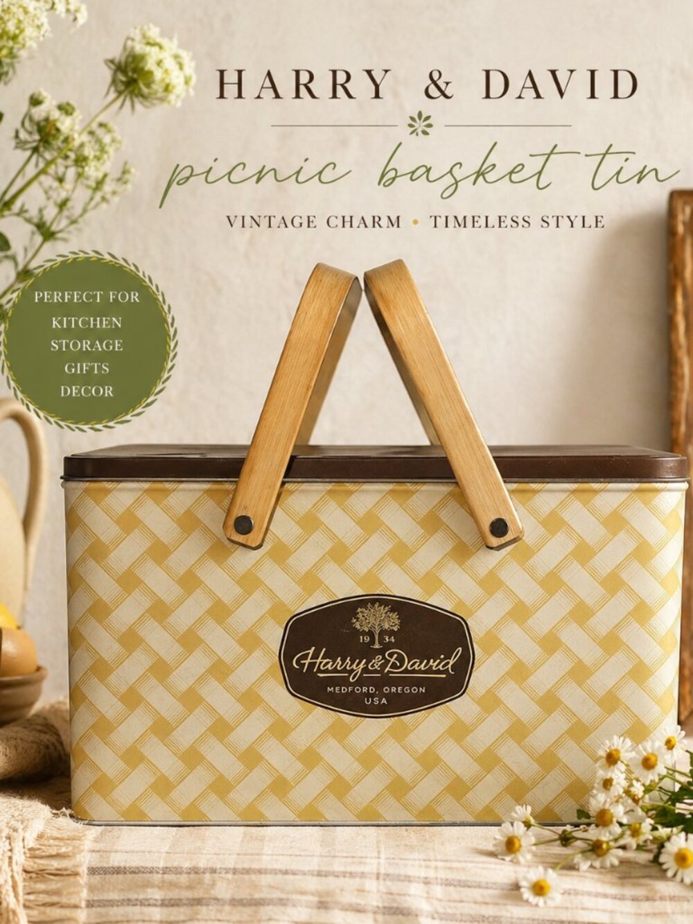 Harry & David Yellow Picnic Basket Tin with Wooden Handles
